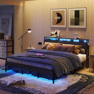 Black Metal Frame King Size Platform Bed with Charge Station and Storage Headboard and LED Lights