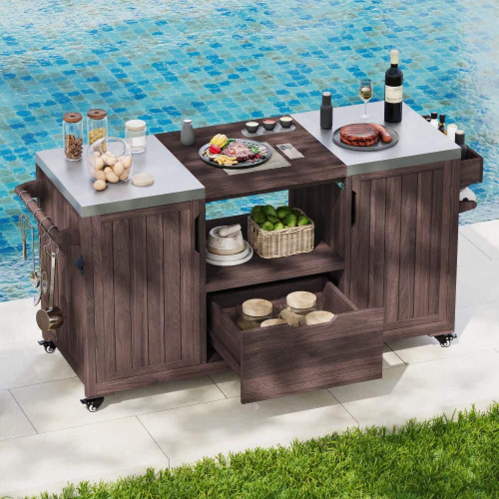 Dark Brown Stainless Steel Large 66.5 in. W Outdoor Kitchen Island Grill Ca