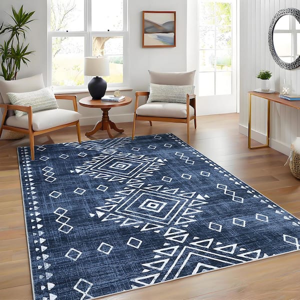 Blue 5x7ft Geometric Retro Corridor Strip Carpet Tribal Style Distressed Area Rug