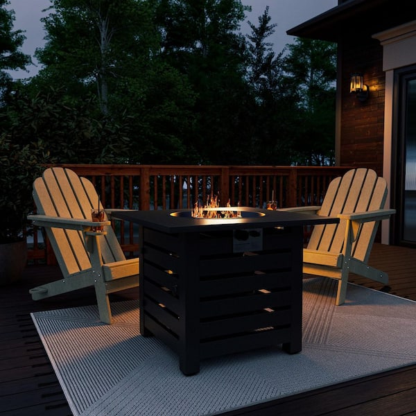 Boyel Living 3-Piece HDPE Gray Adirondack Chairs with Cup Holder and 32 in. Square Metal Patio Fire Pit Table Set