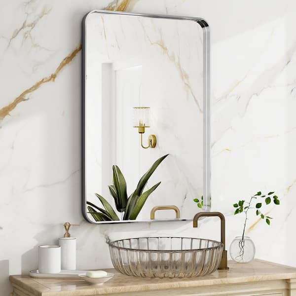 XRAMFY 24 in. W x 35.5 in. H Rectangular Modern Aluminum Deep Framed Rounded Silver Wall Mirror