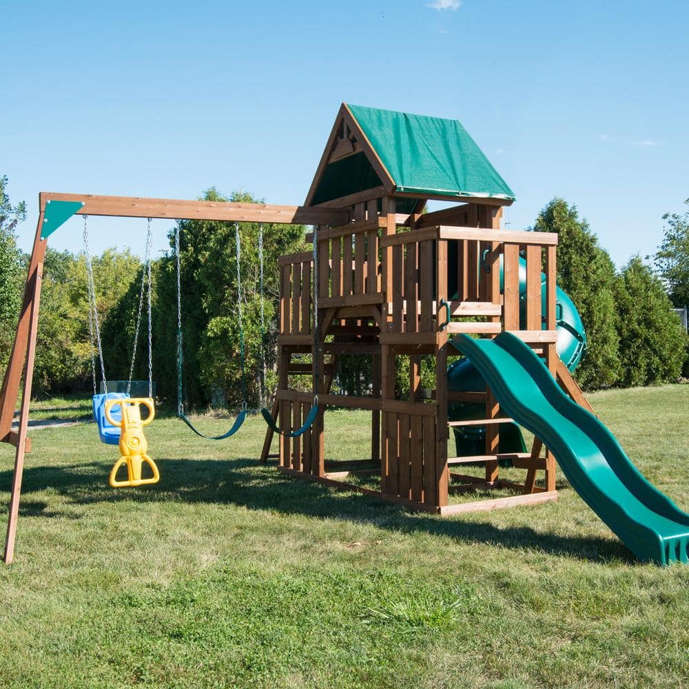 Denali Tower Wooden Playset with Green Slides and Swings