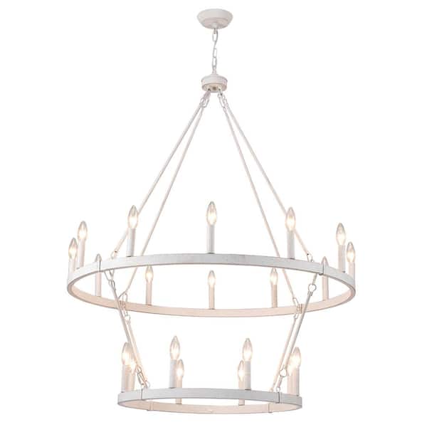 20-Light 2-Tier Distressed White Farmhouse Wagon Wheel Candlestick Chandelier