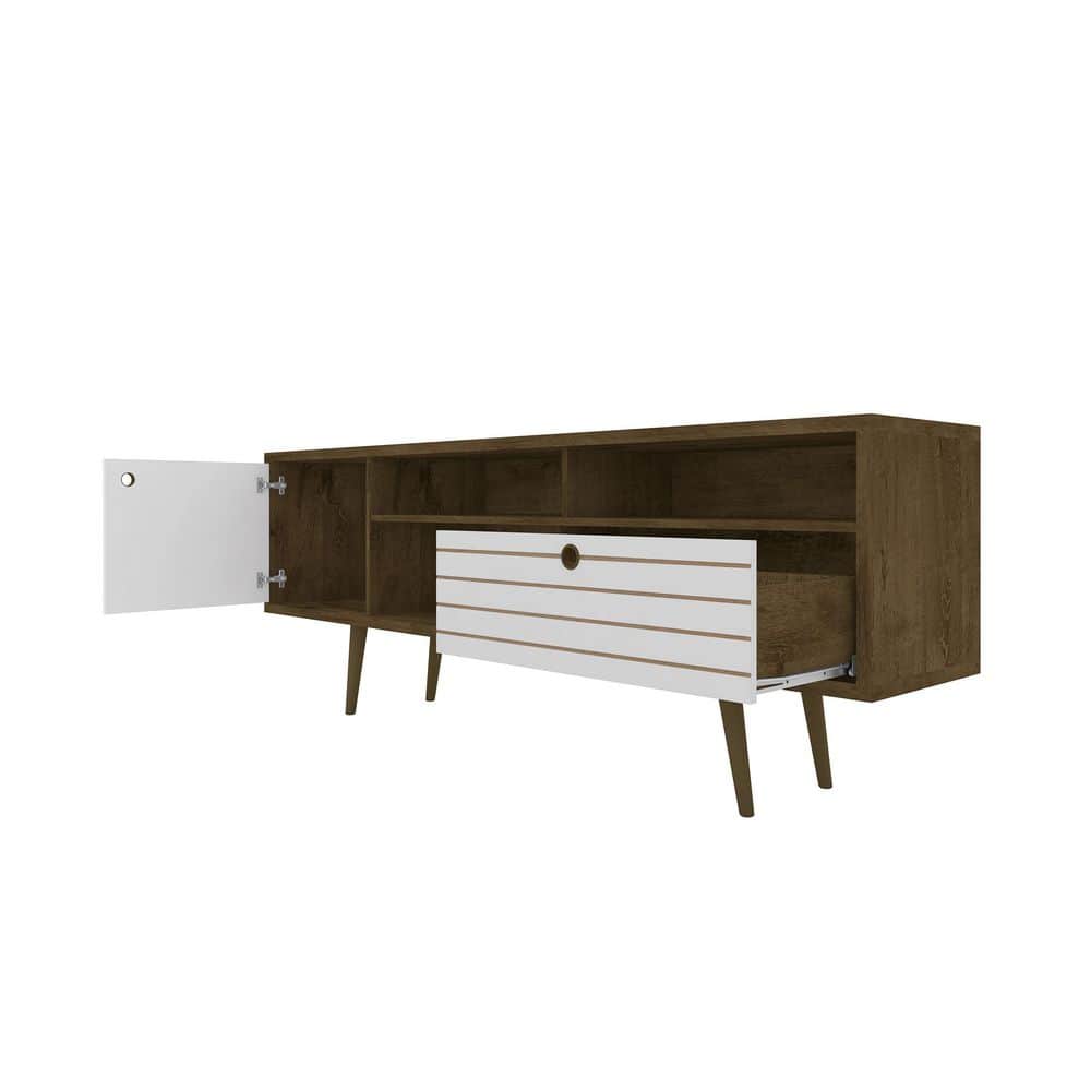 Rustic Brown and White Solid Wood 71" TV Stand with Cabinet