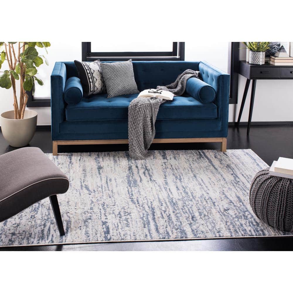 Amelia 9' Square Ivory and Blue Abstract Synthetic Rug