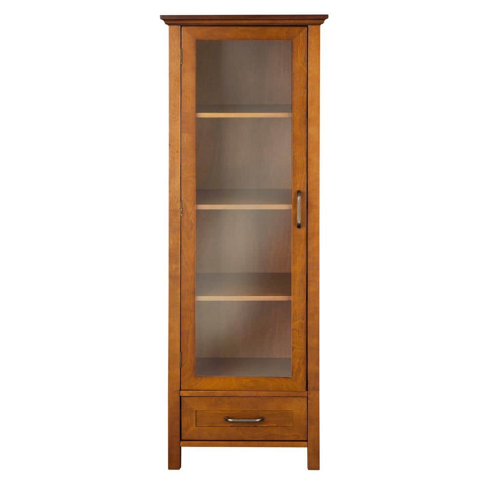 Elegant Avery Oak Linen Tower with Glass Paneled Door and Antique Brass Knobs