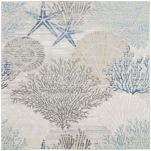 Pompeii Ivory Grey Blue 5 ft. x 5 ft. Nautical Contemporary Square Area Rug