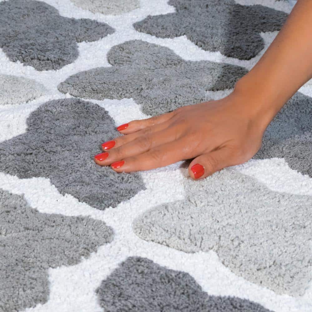 Moroccan Tiles Inspired Plush Gray Bath Rug Set - 2 Pieces