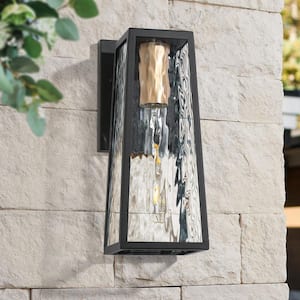 Modern Textured Black 1-Light Outdoor Wall Sconce Industrial Square Outdoor Wall Lantern with Water Glass Shade