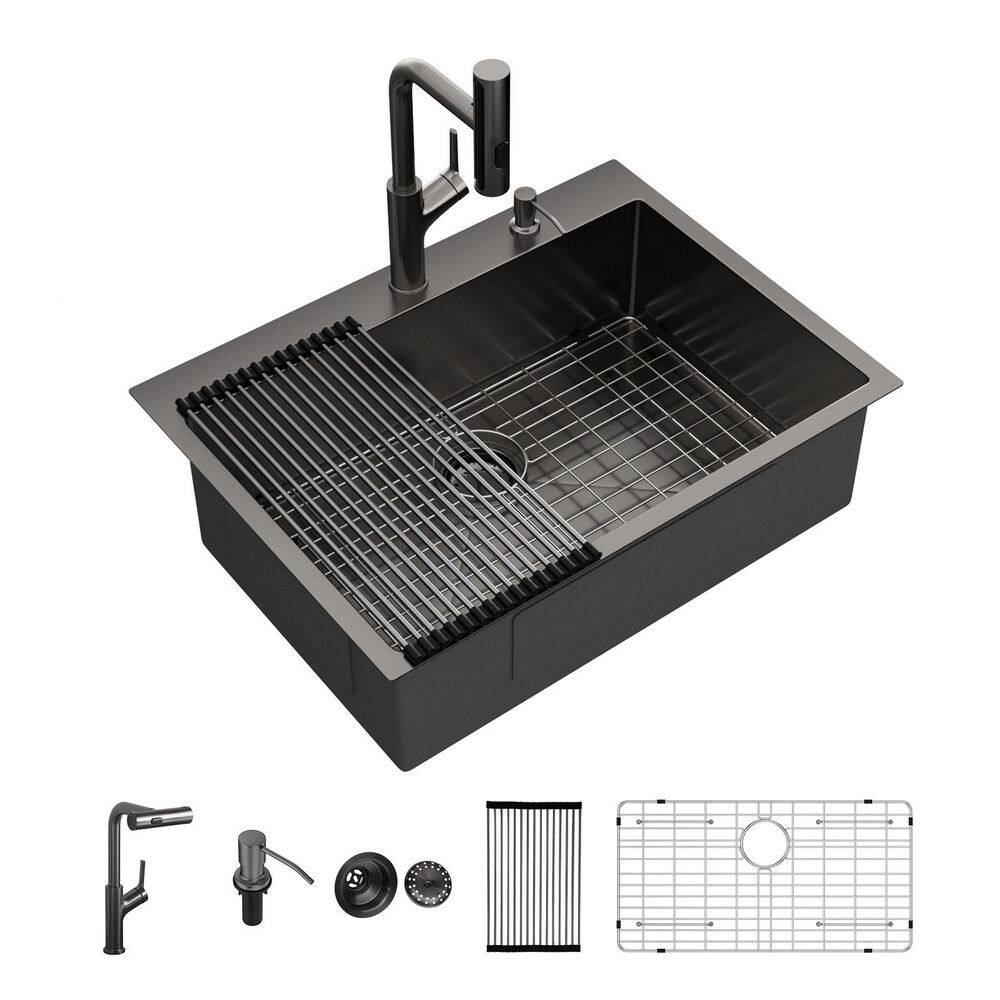 33 in. Drop-in Single Bowl 16-Gauge Gunmetal Black Stainless Steel Kitchen Sink with Pull Down Faucet and Bottom Grid price history on PriceWatchPro