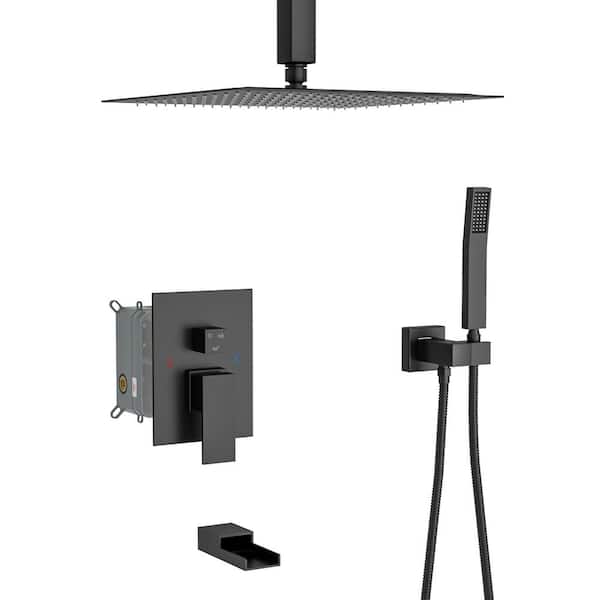 Unbranded Single Handle 1-Spray Tub and Shower Faucet with 16 in. Rain Fxied Shower 1.8 GPM in. Matte Black Valve Included