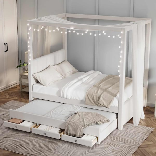 Polibi Beige Wood Frame Full Platform Bed with Trundle and 3-Storage Drawers