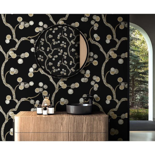 31.35 sq. ft. Ebony & Gold Woodland Whimsy Vinyl Peel and Stick Wallpaper Roll