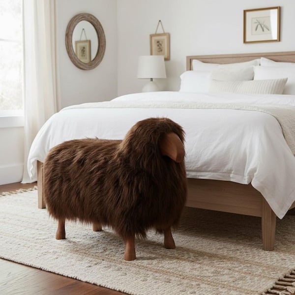 Brown 31.25 in. x 22.75 in. Faux Fur Wood Decorative Fuzzy Sheep Figurine