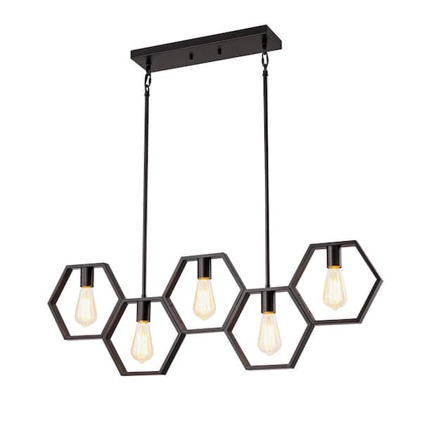RRTYO Finnegan 5-Light Mid-Century Modern Matte Black Square Geometric Pendant Island Lighting