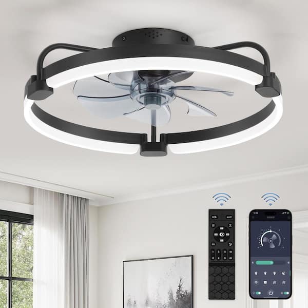 HINNIXY 20 in. Dimmable LED Smart Indoor Black Modern Flush Mount Low Profile Ceiling Fan with Lights and Remote Control