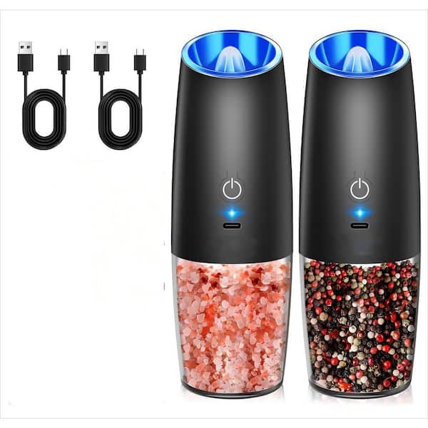 2-Pack Rechargeable Electric Pepper and Salt Grinder Set with Gravity Sensing Switch and LED Light, Black