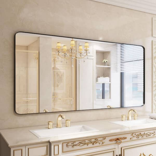 77 in. W x 36 in. H Premium Aluminum Framed Rectangular Bathroom Vanity Wall Mirror in Matte Black
