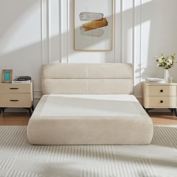 Compressible Beige Frame Queen Platform Bed, Sofa Bed, Chenille Fabric with Headboard, Pocket Spring Support