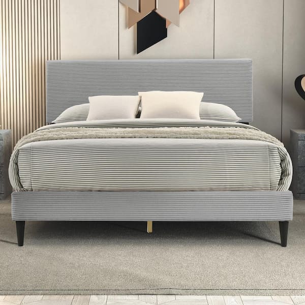 GALANO Bayson Towel Gray Wood Frame Full Platform Bed with Headboard