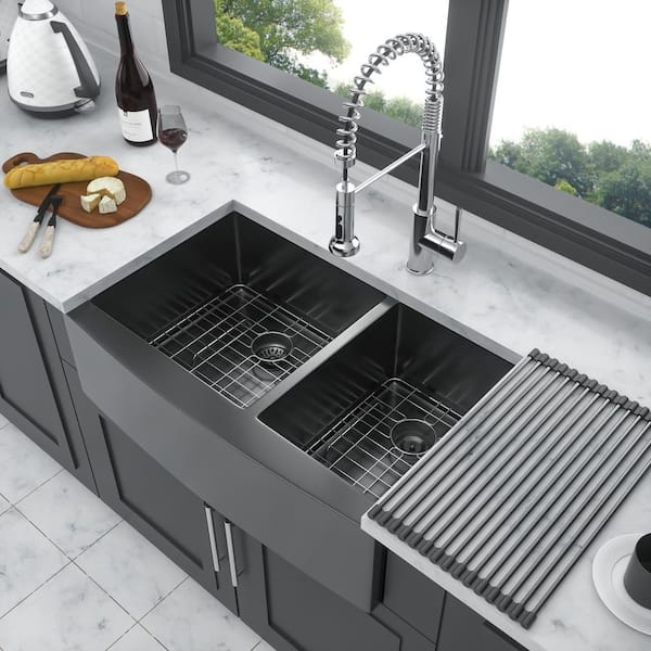 Unbranded 33 in. Farmshouse Double Bowl 16 Gauge Gunmetal Black Stainless Steel Kitchen Sink with Bottom Grids