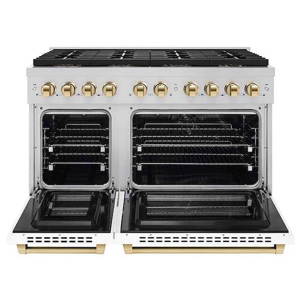 Autograph 48 in. 6.7 cu. ft. Paramount Dual Fuel Range with 8 Burners and Dual Ovens with White Matte and Polished Gold