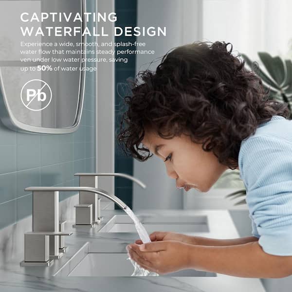 8 in. Waterfall Double Handle Bathroom Faucets with Metal Pop-up Drain in Brushed Nickel