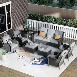 Erie Lake Brown 8-Piece Wicker Patio Conversation Seating Sofa Set with Gray Cushions and Swivel Rocking Chairs