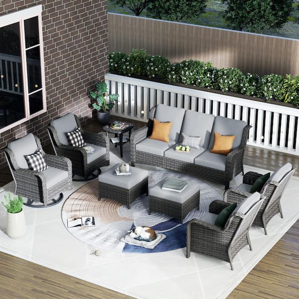 XIZZI Erie Lake Brown 8-Piece Wicker Patio Conversation Seating Sofa Set with Gray Cushions and Swivel Rocking Chairs