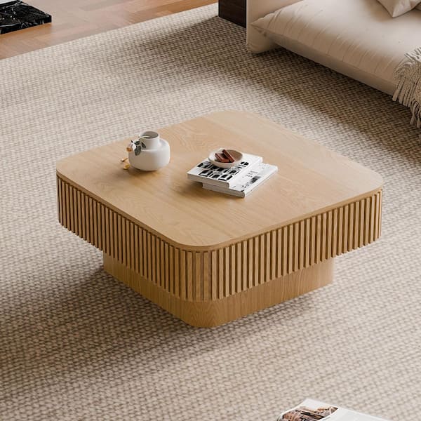 Ondine 31.5 in. Natural Square MDF and Solid Wood Veneer Coffee Table with Storage, Wood Slat Design Accent Tea Table