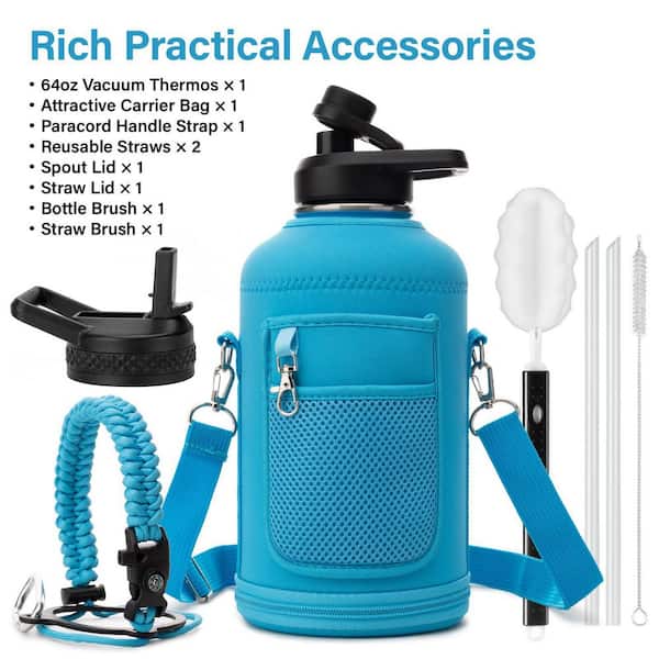 Wudkey 64 oz. Stainless Steel Vacuum Metal Insulated Water Bottle with Straw, Carrier Bag and Handle Strap, Blue