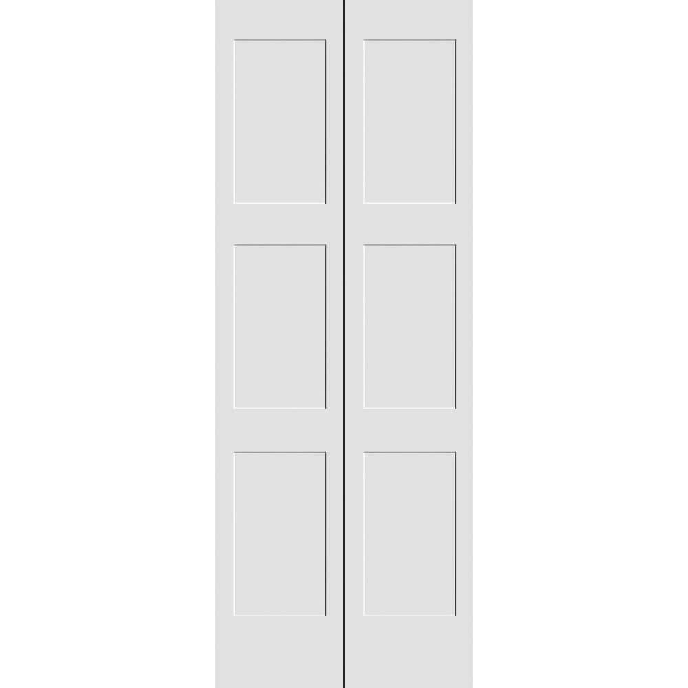 24 in. x 80 in. Solid Wood Primed White Unfinished MDF 3-Panel Shaker Bi-Fo