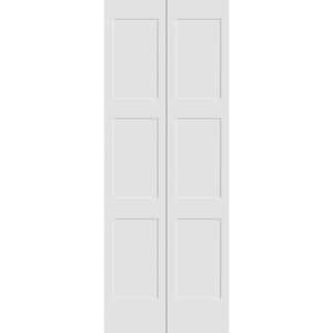 30 in. x 80 in. Solid Wood Primed White Unfinished MDF 3-Panel Shaker Bi-Fold Door with Hardware