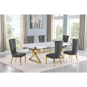 Miguel 7-Piece Rectangle White Wood Top Gold Stainless Steel Dining Set with 6 Dark Gray Velvet Chairs