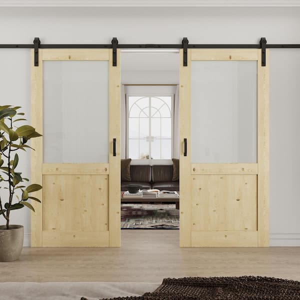 72 in. x 80 in. 1/2-Lite Frosted Glass Solid Core Unfinished Pine Wood Sliding Barn Door with Hardware Kit