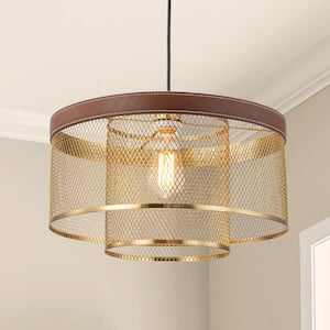 60 -Watt 1-Light Brass Gold Mesh Pendant Light with Leather Accent, No Bulbs Included