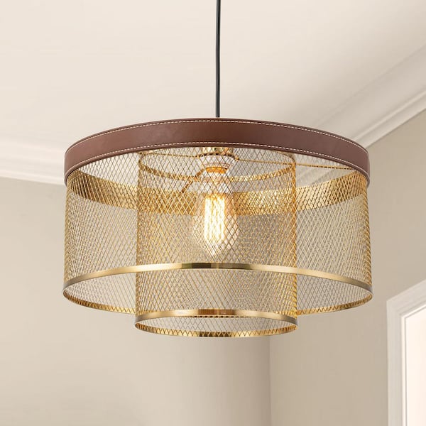 C Cattleya 60 -Watt 1-Light Brass Gold Mesh Pendant Light with Leather Accent, No Bulbs Included
