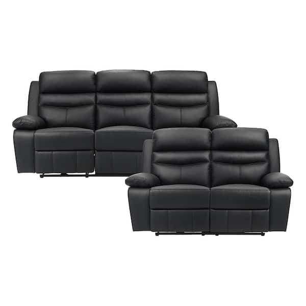 Lazzara Edelia 86.5 in. W. Pillow Top Arm Leather Rectangle 2-Piece Power Reclining Sofa Set in Black
