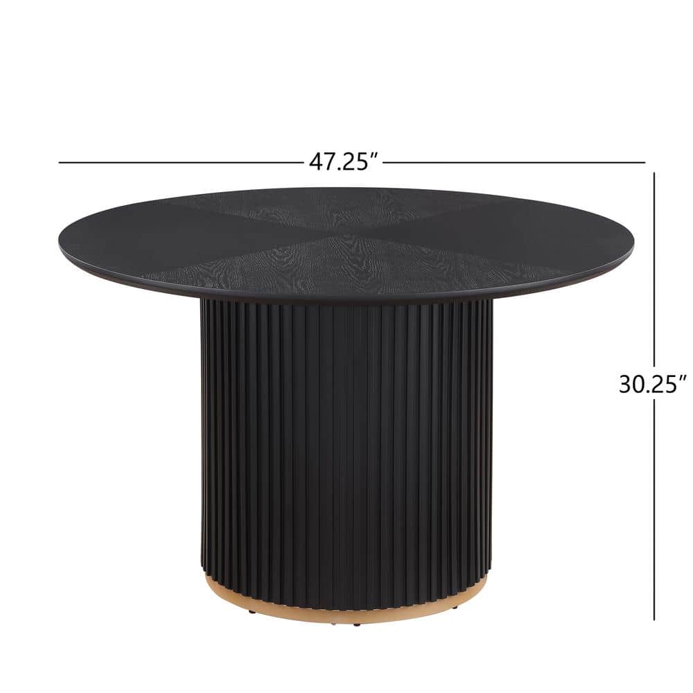Black Wood Round Pedestal Dining Table with Gold Base, 47.3 in