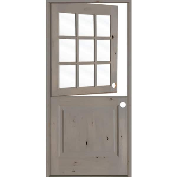Krosswood Doors 32 in. x 80 in. Farmhouse Knotty Alder Left-Hand/Inswing 9 Lite Clear Glass Grey Stain Dutch Wood Prehung Front Door