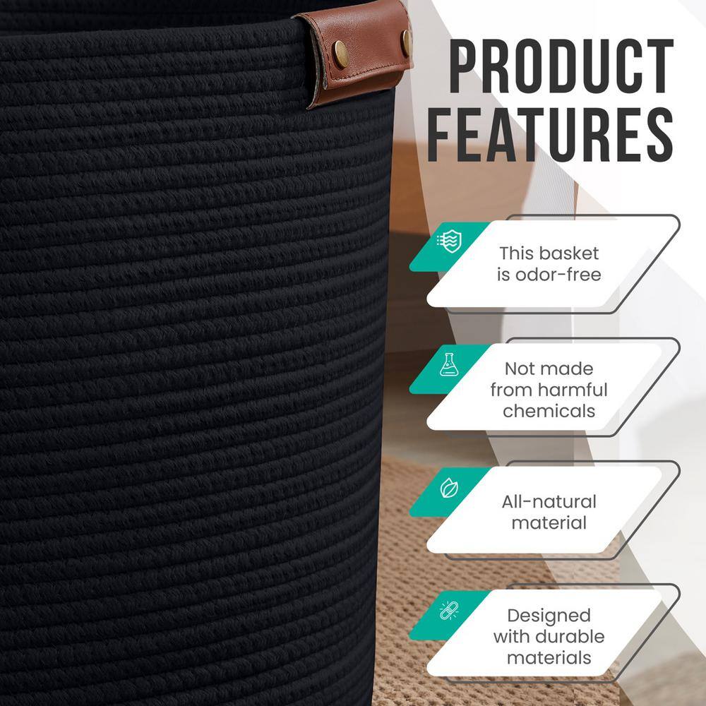 Large Black Cotton Rope Cylinder Laundry Hamper with Leather Handles