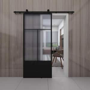 Nation 37 in. x 84 in. 3/4 Lite Frosted Glass Black Metal Finish Sliding Barn Door with Hardware Kit