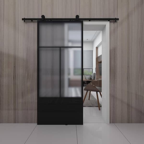 Nation Frosted Glass Metal Barn Door With Installation Hardware Kit 37 Black, Metal Glass Sliding Doors