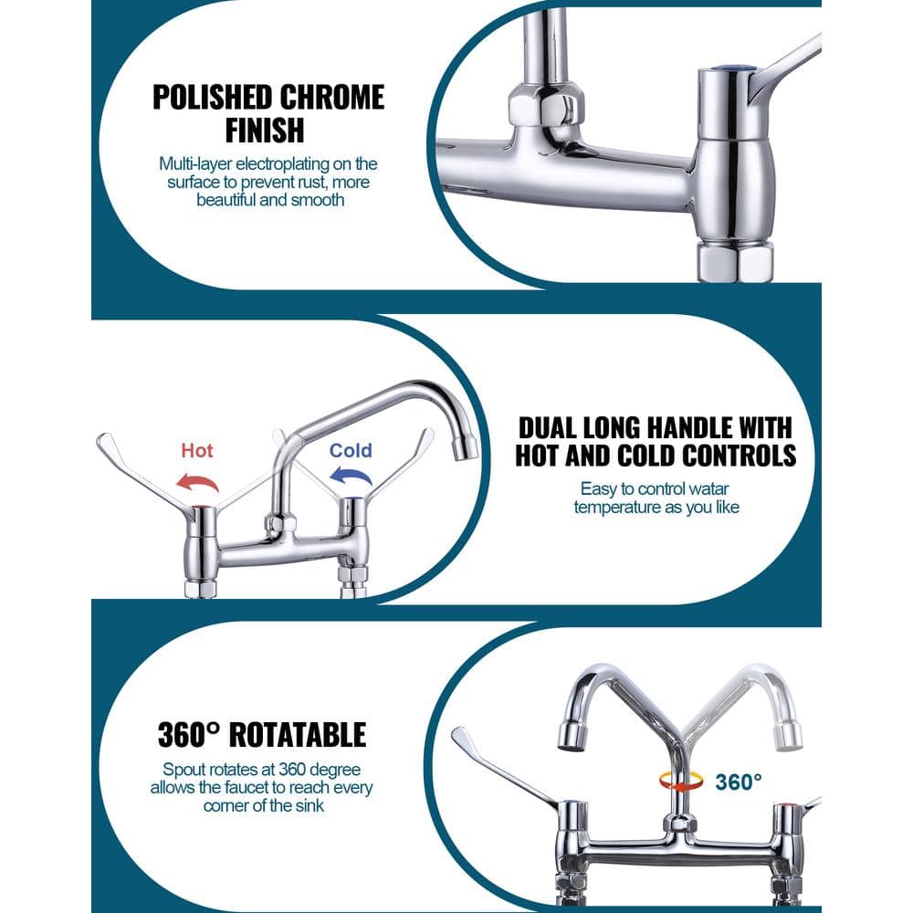 Polished Chrome Double Handle Wall Mount Commercial Faucet