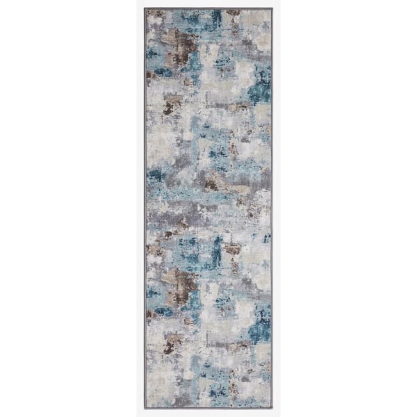 Concord Global Trading Eden Collection Abstract Ivory /Blue 2 ft. x 7 ft. Machine Washable Modern Indoor Area Rug