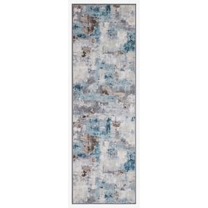 Eden Collection Abstract Ivory /Blue 3 ft. x 9 ft. Machine Washable Modern Indoor Area Rug