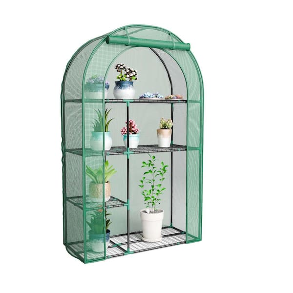 38.4 in. W x 17.3 in. D x 62.6 in. H Iron Frame & PE Cover Portable 4-Tier Green Mini Greenhouse with Roll-Up Door