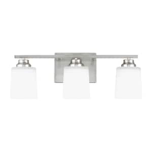 Vinton 20.75 in. 3-Light Brushed Nickel Bathroom Vanity Light with Etched White Glass Shades, LED Light Bulbs Included