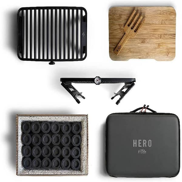 Fire and Flavor Hero System Ultra- Portable Easy Instant Light Charcoal Grill with Bonus Pack in Black