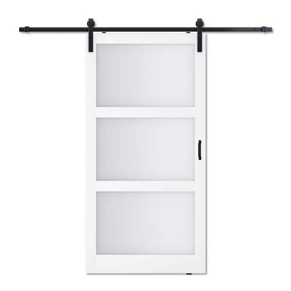 ARK DESIGN 42 in. x 84 in. 3-Lites Tempered Frosted Glass and MDF Sliding Barn Door with Hardware Kit